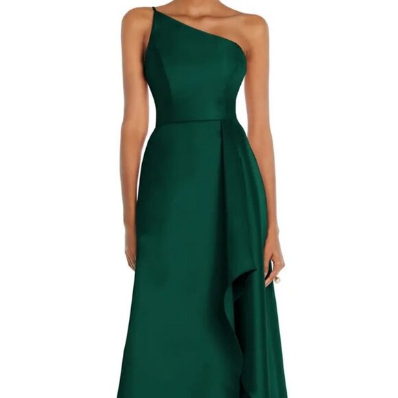 Alfred Sung Hunter Green One-Shoulder Satin Gown D831 - Picture 1 of 6